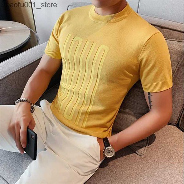 Männer T-Shirts Britischer Stil Sommer Solide Kurzarm Gestrickte T-shirt Männer Mode Oansatz Streifen Slim Fit T-stück Hohe Qualität Männer Kleidung 6 Farben Q240220