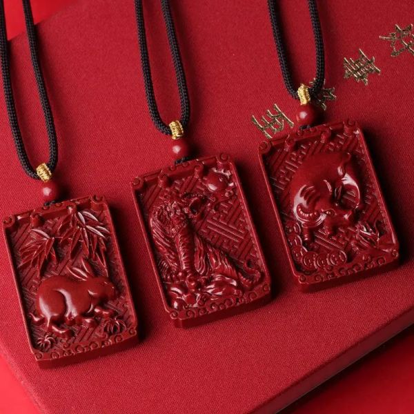 Pingentes Natural Minério Bruto Cinábrio Zodíaco Chinês Pingentes Ano de Nascimento Segurança Bênção Amuleto Colar Riqueza Boa Sorte Amuleto Jóias