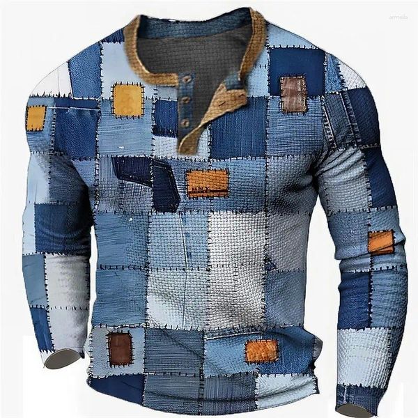 Erkek Tişörtleri Grafik Ekose Tasarımcı Günlük Vintage 3D Baskı Henley Gömlek Waffle Sports Açık Tatil Festivali