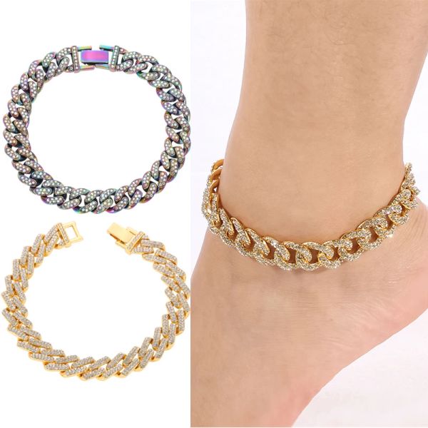 Hip Hop Miami Curb Caviglia Bracciale in oro 14k Gioielli 2024 Bigiotteria Goth Catena cubana Bling Rapper Rock Gioielli Cavigliera per piedi