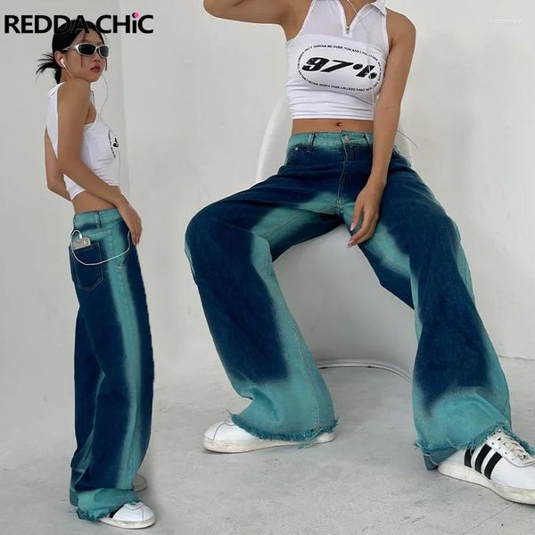 Calças de brim femininas ReddachiC Tie Dye Mint Pintura Vintage Calças de Perna Larga Cintura Alta Reta 90s Skater Baggy Y2K Color Block Mulheres