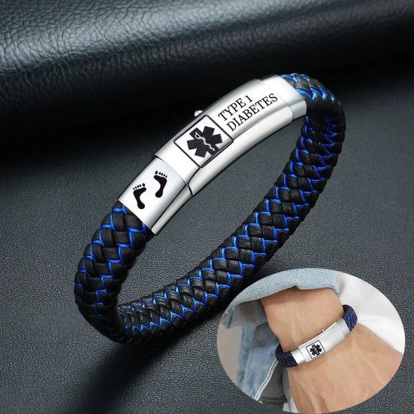 Armbänder Kostenlose Gravur Medical Alert ID-Armbänder, Männer Edelstahl Typ 1 Diabetes Leder geflochtenes Armband Verstellbarer Herrenschmuck