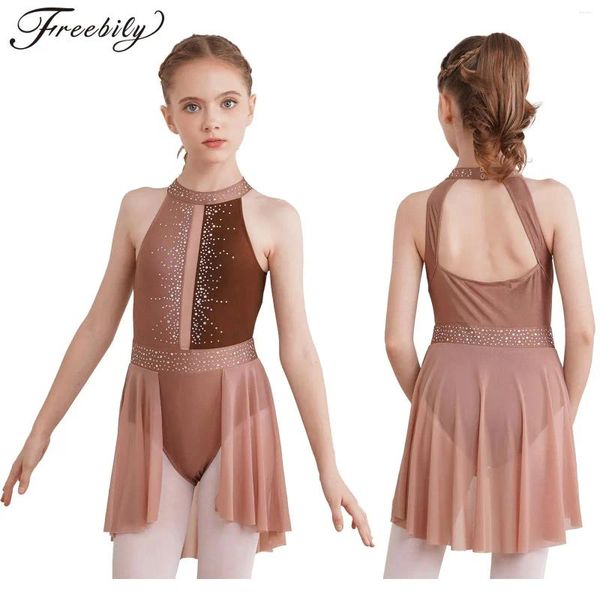 Abbigliamento da palco Per bambini Ragazze Balletto Abito da ballo lirico Pattinaggio di figura Ginnastica Body senza maniche Backless Lucido Strass Decor Dancewear