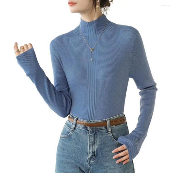 Kadın bluzları Sonbahar Kadınlar Üst İnce Yarım Yüksek Yakuk Polyester Uzun Kollu İnce Uygun Elastik Örgü Külkü Gündelik Lady Sweater Dip