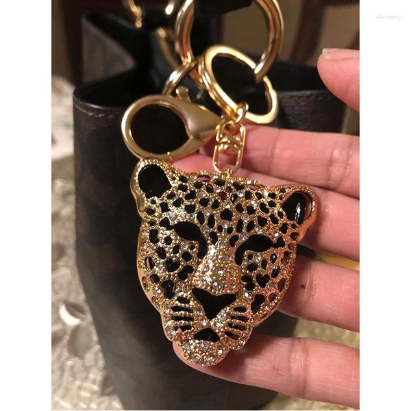 Chaveiros Clear CZ Bonito Leopardo Dourado Cabeça Chaveiro Para Mulheres Homens Carro Pingente Bijoux Acessório Menina Saco Chaveiro Charme Anel Bolsa Keyfob