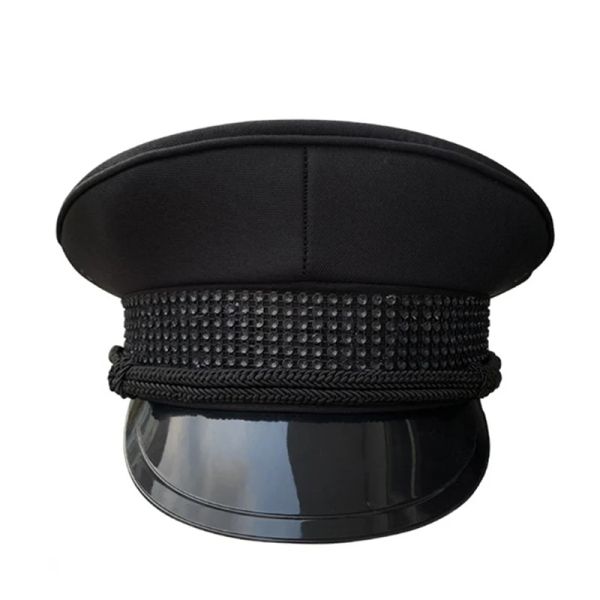 Cloches Donna Uomo Cappello militare nero Sergente della polizia Berretto da marinaio Prom Performance Bar Cosplay Spettacolo Cappello da capitano Party Cos Accessori