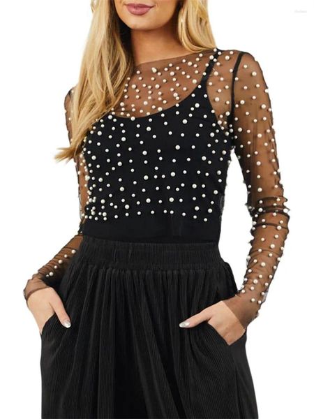 Canotte da donna Top corto elegante da donna in rete trasparente con perle con maniche lunghe e scollo rotondo - Perfetto per le serate di festa in discoteca