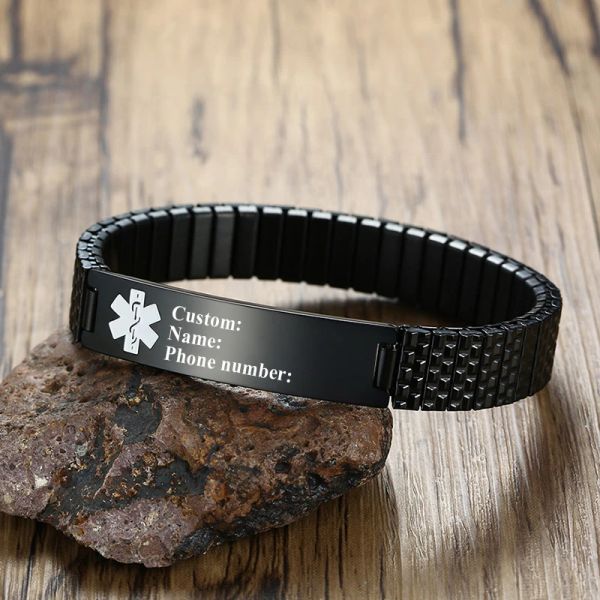 Armbänder Kostenlose benutzerdefinierte medizinische Alarm-ID-Tag-Armbänder DIY gravierter Name Edelstahl-Chirurgiestahl IP-plattiert schwarze Farbe Stretch-Armband