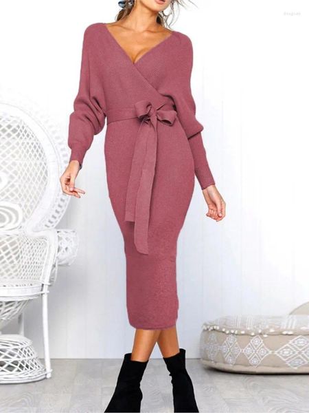 Casual Kleider Frauen Gestrickte Pullover Kleid Wrap Belted Tunika Midi Vestidos Langarm V-ausschnitt Split Herbst Winter Büro Dame