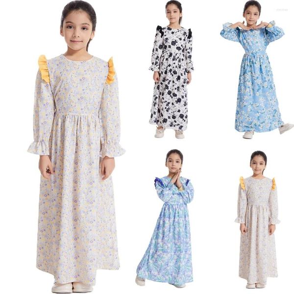 Abbigliamento etnico Bambino Abaya Ragazze per bambini Stampa floreale musulmana Abiti lunghi lunghi Caftano turco Eid Ramadan Abito da festa per le vacanze Dubai Islam