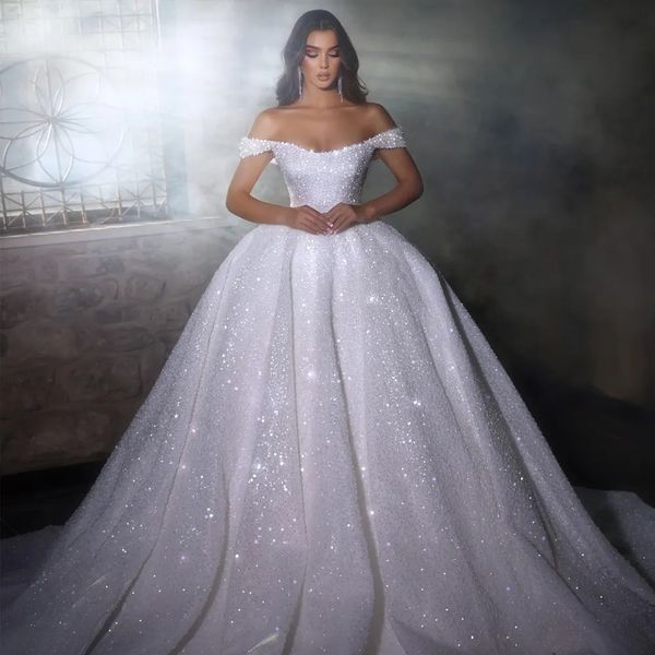 Schulterfreies Pailletten-Ball-Hochzeitskleid mit Falten, geschwollener Rock, Brautkleid, glitzernde Prinzessin, Arabisch, Dubai, Vestido De Mairage 328 328