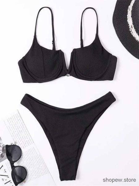 Damen-Bademode, Push-Up-Bikini, Tanga, Damen-Badeanzug, 2024, einfarbig, V-Ausschnitt, gerippt, Badebekleidung, Bikinis, Set, Sommer, Strandmode, Badeanzug für Damen