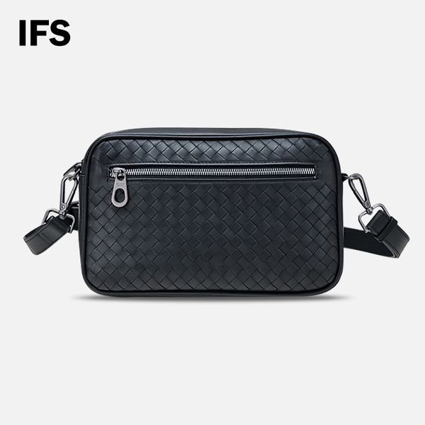 Clássico casual masculino marca de luxo couro genuíno tecido commuter ombro crossbody saco negócios zíper quadrado câmera bolsa preto