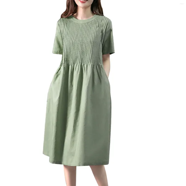 Lässige Kleider Vintage Baumwolle Leinen Plissee für Frauen 2024 Sommer Solide Kurzarm Knielanges Kleid Lose Boho Strand Sommerkleid