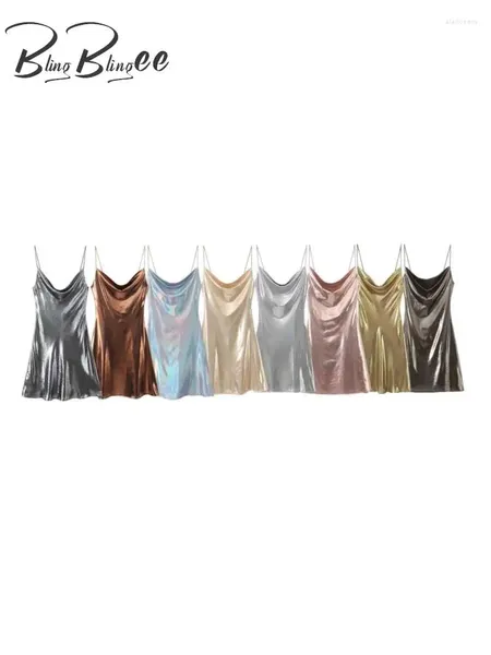 Vestidos casuais blingblingee y2k brilhante metálico mulheres vestido de festa traf 2024 outono tiras finas sem mangas sem costas robe feminino mini clube