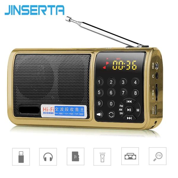 Radio Jinserta Mini FM/AM/SW World Band Radioempfänger MP3-Player mit Taschenlampe, unterstützt TF-Karte/U-Disk-Wiedergabe, wiederaufladbarer Akku