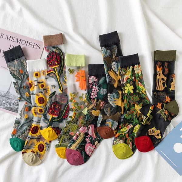 Damensocken 2024, frische Blumenstickerei, Kunst, lustig, transparent, abstraktes Design, Spitze, niedlich, Jacquard, Glasseide, Sommer