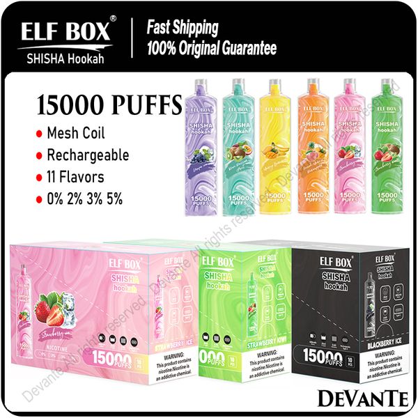 Authentic Elf Box 15000 Puffs monouso Vape Pen Bar Shisha Narghilè Puff 15k Mesh Coil ricaricabile Vaper 11 gusti 0% 2% 3% 5%