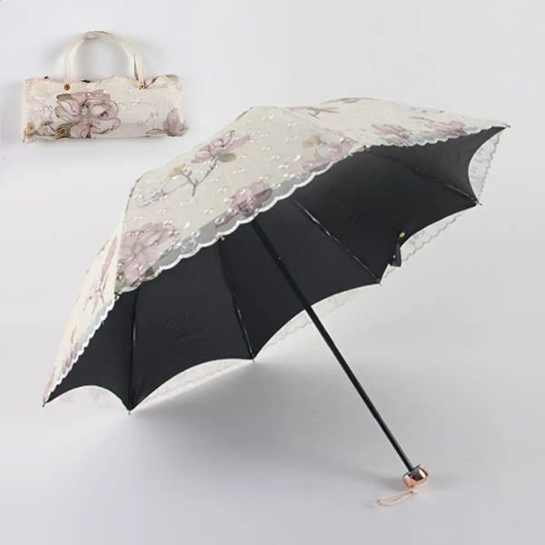 Guarda-chuva bordado de renda dupla camada com proteção UV Guarda-chuva dobrável RainSnow com bolsa de armazenamento 240219