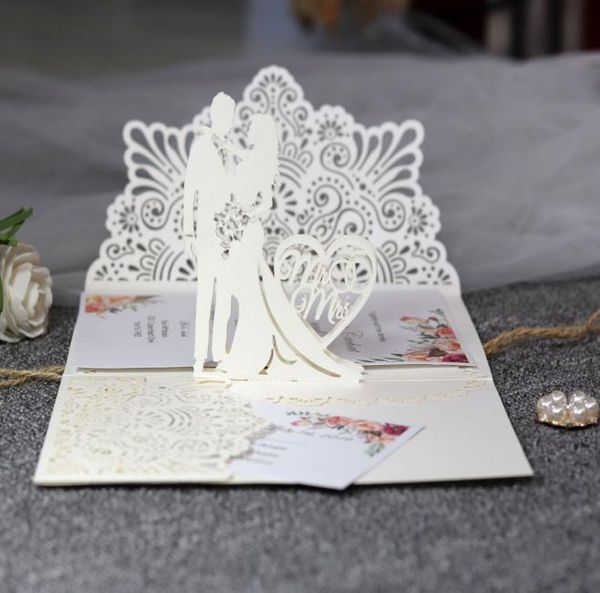 Inviti di nozze tagliati al laser OEM personalizzati con cuori di amanti Matrimonio Biglietti d'invito di nozze tridimensionali con buste 6336665