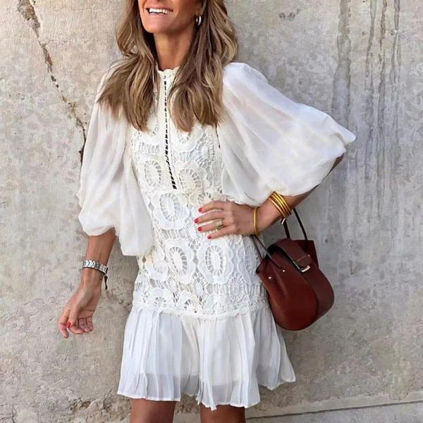 Vestidos casuais moda laço bordado padrão cor sólida vestido senhoras high street boho estilo costura mulheres puff manga plissado