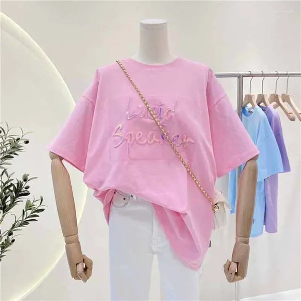 Magliette da donna S T-shirt femminile Sciolto rosa Lettera Indossare Manica corta Casual Estate Studente Ragazza Moda Giacca Base