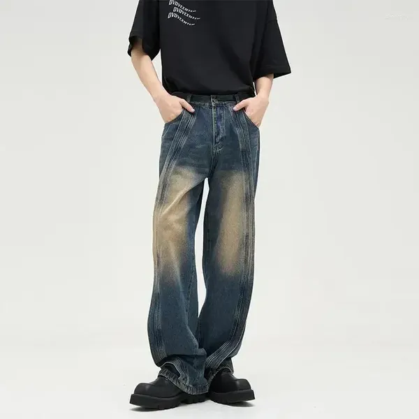 Мужские джинсы, прямые потертые брюки, черные мужские ковбойские брюки в стиле ретро с карманами, тренд 2024, корейская осень, стильные широкие брюки