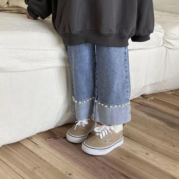 Pantaloni Abbigliamento per bambini Ragazze Primavera Autunno Corea Pantaloni dritti Jeans con perle Sciolto Casual Elastico in vita METÀ Solido Per