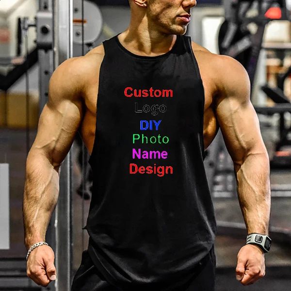 Benutzerdefinierte Marke DIY Design Herren Baumwolle Gym Tank Top Bodybuilding Offene Seite Ärmelloses T-Shirt Sommer Fitness Workout Kleidung 240220