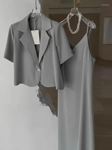 Vestidos de trabalho escritório senhora vestido ternos 2024 manga curta blazers fino sem mangas deslizamento midi terno primavera verão elegante feminino 2 peça conjunto