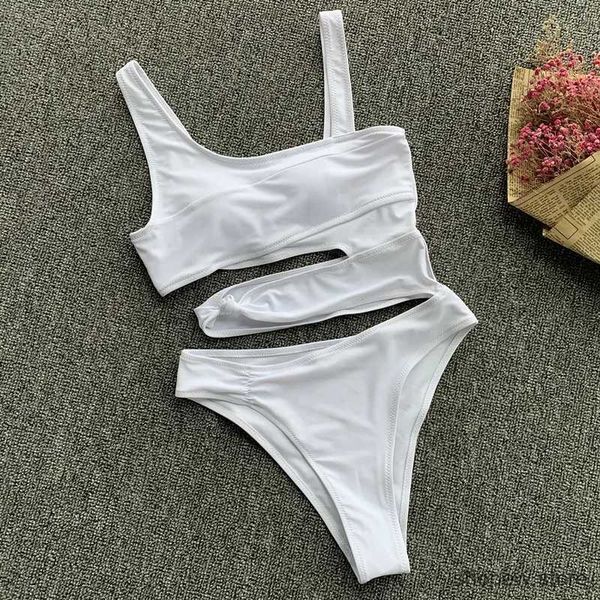 Mulheres de banho sexy bikini conjunto um ombro um pedaço maiô 2023 novo fora do ombro branco retalhos banho bodysuit preto