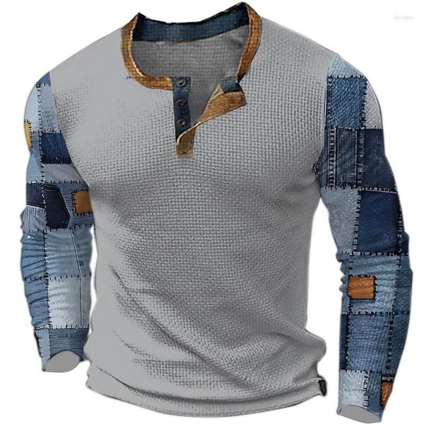 T-shirt da uomo Primavera Autunno Henley Color Block Patchwork 3D stampato Moda Vintage Button-Down Camicia a maniche lunghe Uomo Tees Tops