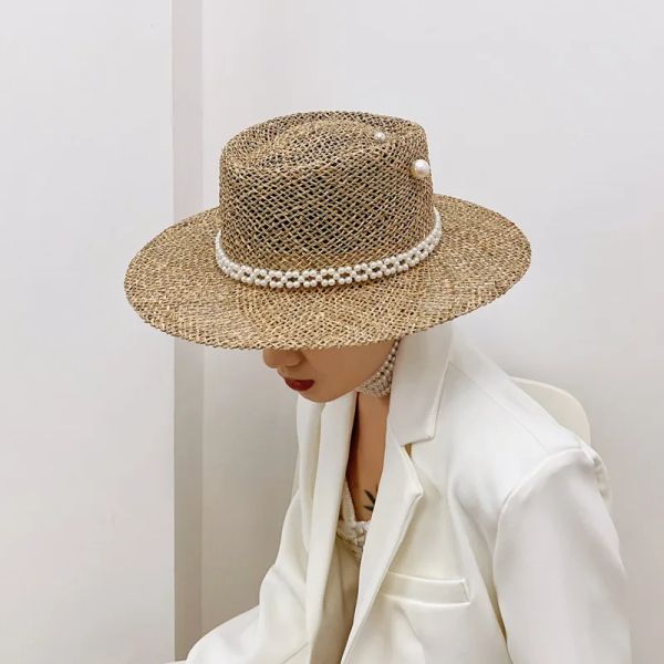 Berets 202205shi New Dropshipping Natural Salty Traving Tweing Pearl Chian Pin Lady Cap Women Leisure Panama Jazz Hat