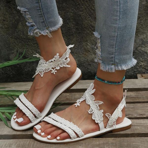 Sandálias para mulheres meninas romanas flor plana chinelos casuais sapatos de praia casamento