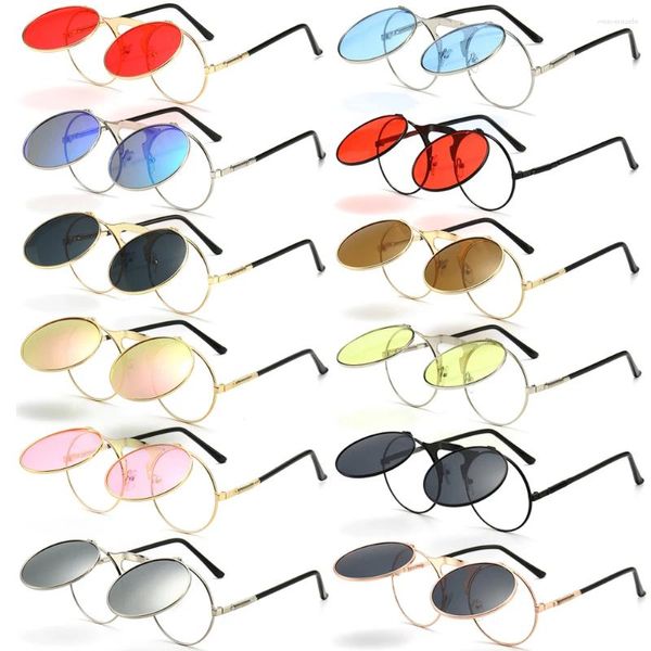Sonnenbrille Vintage rund Flip Up Kreis Steampunk Sonnenbrille 90er Jahre bunte Farbtöne Kostüm UV-Schutz Damen Brillen