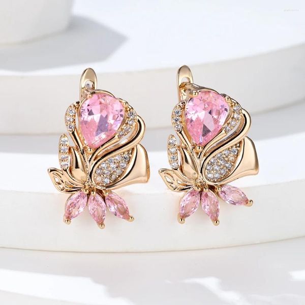 Brincos de argola charme pêra marquise corte rosa zircão flor para mulheres champanhe cor ouro metal pequeno casamento orelha fivela jóias