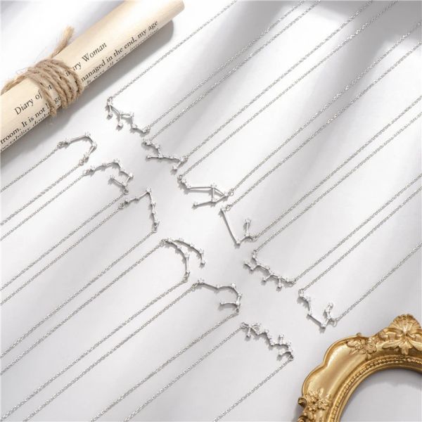 Halsketten 925 Sterling Silber Halskette Anhänger für Frauen Diamant Konstellation Wassermann/Fische/Widder/Stier Silber Halskette Schmuck