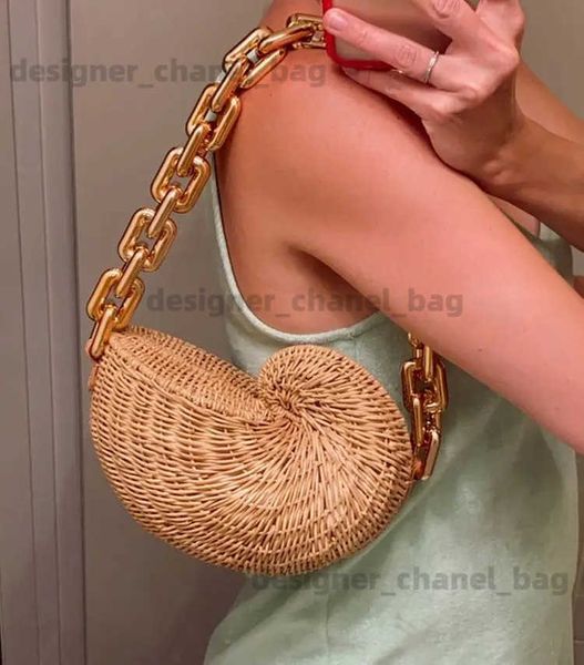 Totes moda correntes grossas rattan concha mulheres sacos de ombro design vime tecido bolsas luxo verão praia str saco bali bolsa 2023 t240220