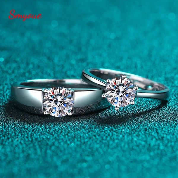 Anéis Smyoue D Cor 1CT Moissanite Casal Ring Lovers Solitaire Wedding Promise Rings 925 Silver Platinum bandeira brilhante Banda de Halo