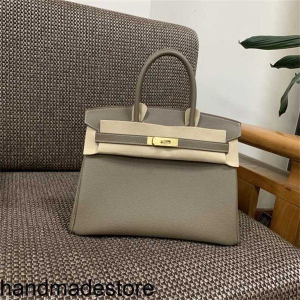 Bolsa tote bk costurada à mão fio de cera de mel casa togo couro de bezerro elefante cinza bolsa feminina com fivela