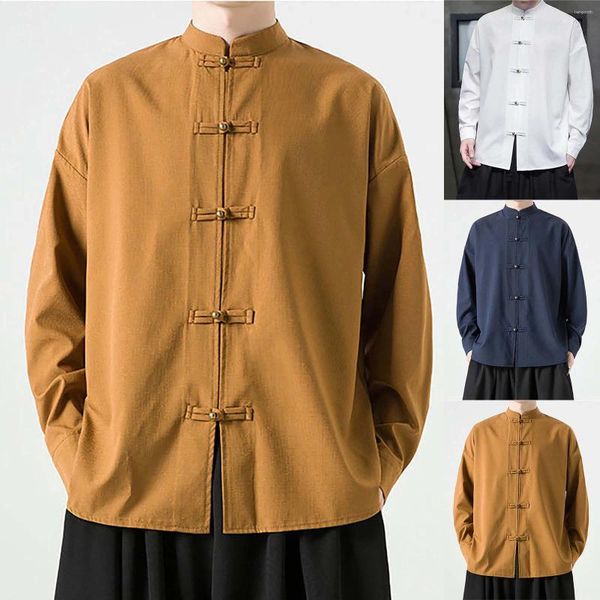 Magliette da uomo Camicia a maniche lunghe Hanbok con fibbia a piastre stile vintage