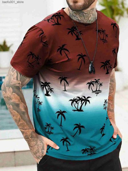 Мужские футболки Футболка для мужчин Одежда Гавайский узор кокосовой пальмы Летние топы Harajuku с короткими рукавами Футболки Топы с круглым вырезом Мужская повседневная футболка Q240220