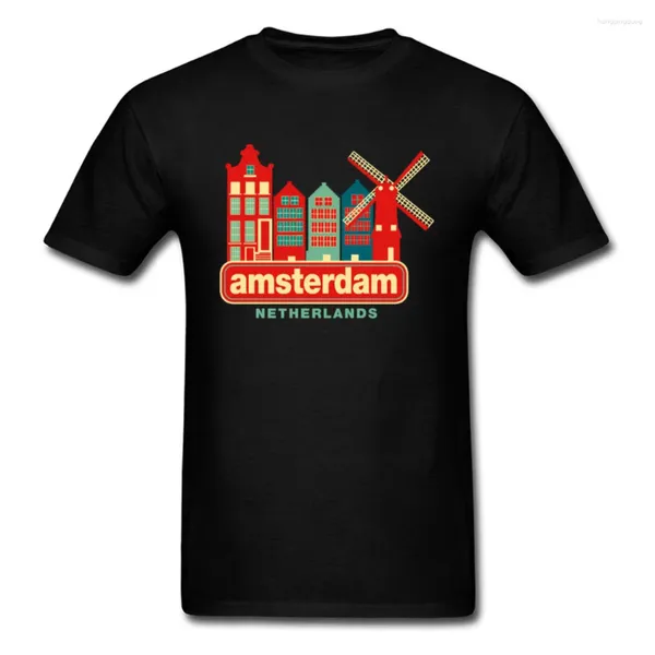 Erkek Tişörtleri Son Vintage Amsterdam Hollanda Şehir Baskı Tezgah En Kalite Pamuklu Günlük Üstler T-Shirt Yeldirme Kentsel Erkekler Tshirt