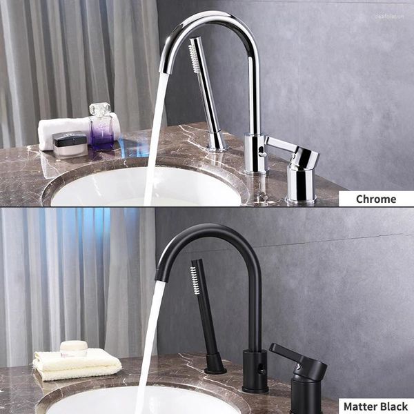 Badezimmer-Waschtischarmaturen, Messing, Schwarz/Chrom, Deckmontage, 3-Loch-Badewanne, drehbarer Wasserhahn, Mischbatterie, Badewanne, Waschbecken, Wasserhahn mit Spray