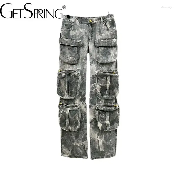 Pantaloni da donna GetSpring Donna Capris 2024 Primavera Camouflage Multi Pocket Tuta Vita alta Pantaloni larghi casual lunghi femminili