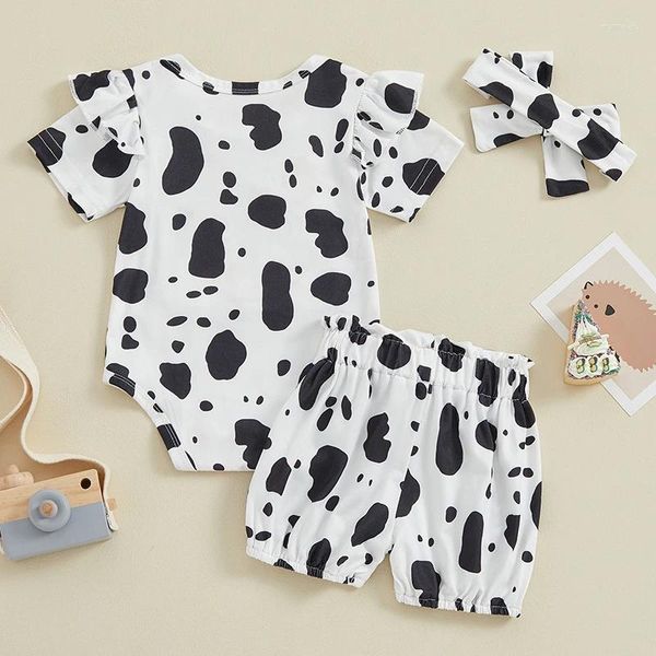 Kleidung Sets Säugling Baby Mädchen Kuh Shorts Stickerei Kurzarm Strampler Und Gürtel 3 stücke Milch Sommer Outfits