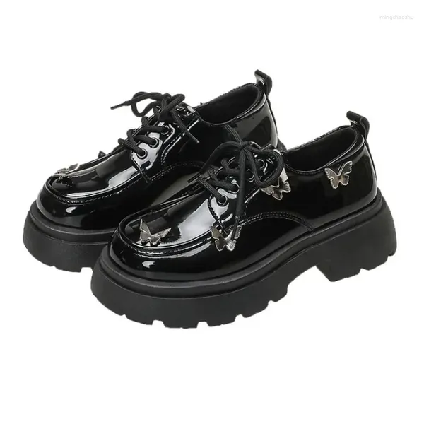 Sapatos de vestido plataforma de cor sólida lolita para mulheres 2024 primavera outono metal borboleta lace-up bombas de couro mary jane mulheres