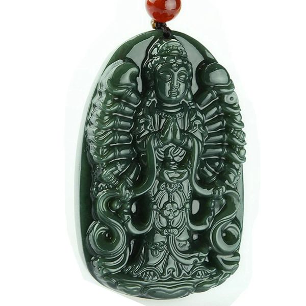 Halsketten Koraba Fine Jewelry c1lint natürliche grüne Jade 1000 Hände bewaffnet Avalokitesvara KwanYin Anhänger Halskette kostenloser Versand