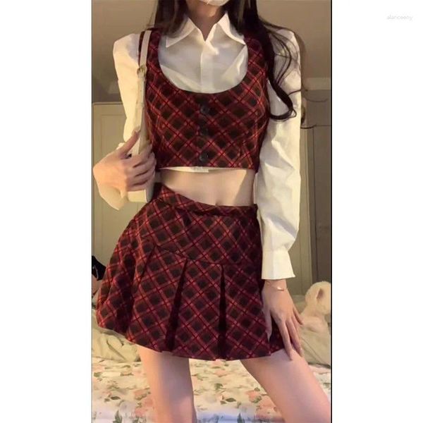 Vestidos de trabalho coreano kawaii três peças conjunto feminino rendas lolita doce festa mini saia feminina estilo universitário colete elegante terno 2024