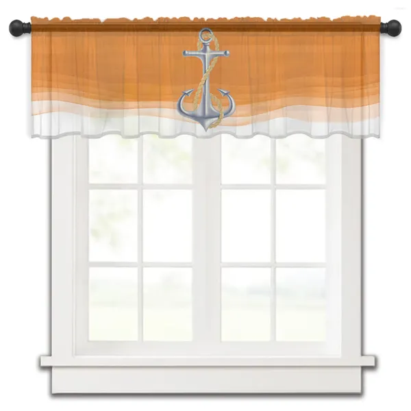 Vorhang, Ozean-Farbverlauf, Anker, Orange, kleines Fenster, Volant, durchsichtig, kurzes Schlafzimmer, Heimdekoration, Voile-Vorhänge